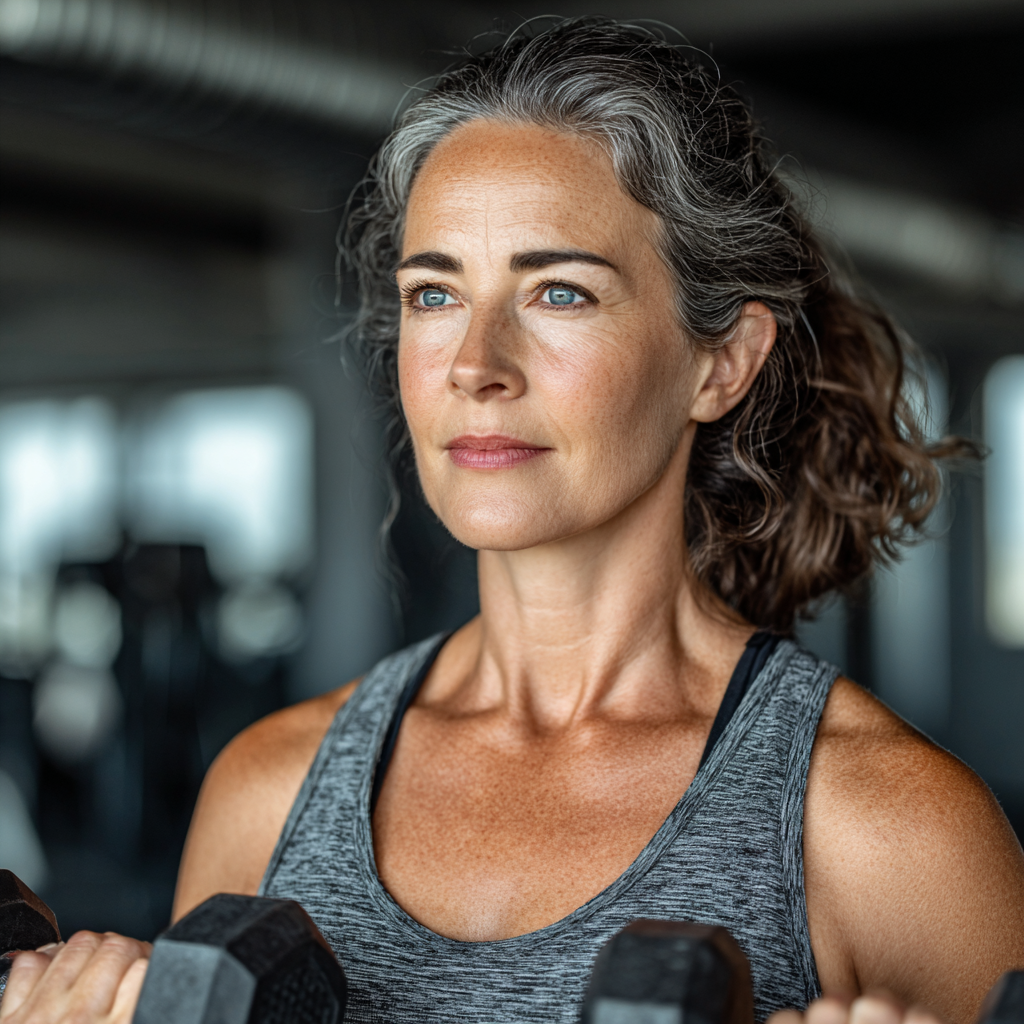 Confident middle-aged woman in her late 40s with gray-streaked dark hair wearing athletic wear, standing in a modern gym with natural lighting, showing determination and strength while holding dumbbells, embodying active lifestyle and wellness
