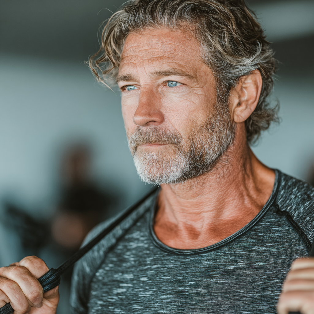 Mature athletic man in his early 50s with salt-and-pepper hair wearing sporty clothing, doing resistance training with exercise bands in a bright fitness studio, displaying proper form and focus, representing healthy aging and active lifestyle